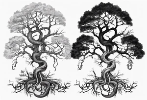 bare tree with a snake in the roots of the tree tattoo idea