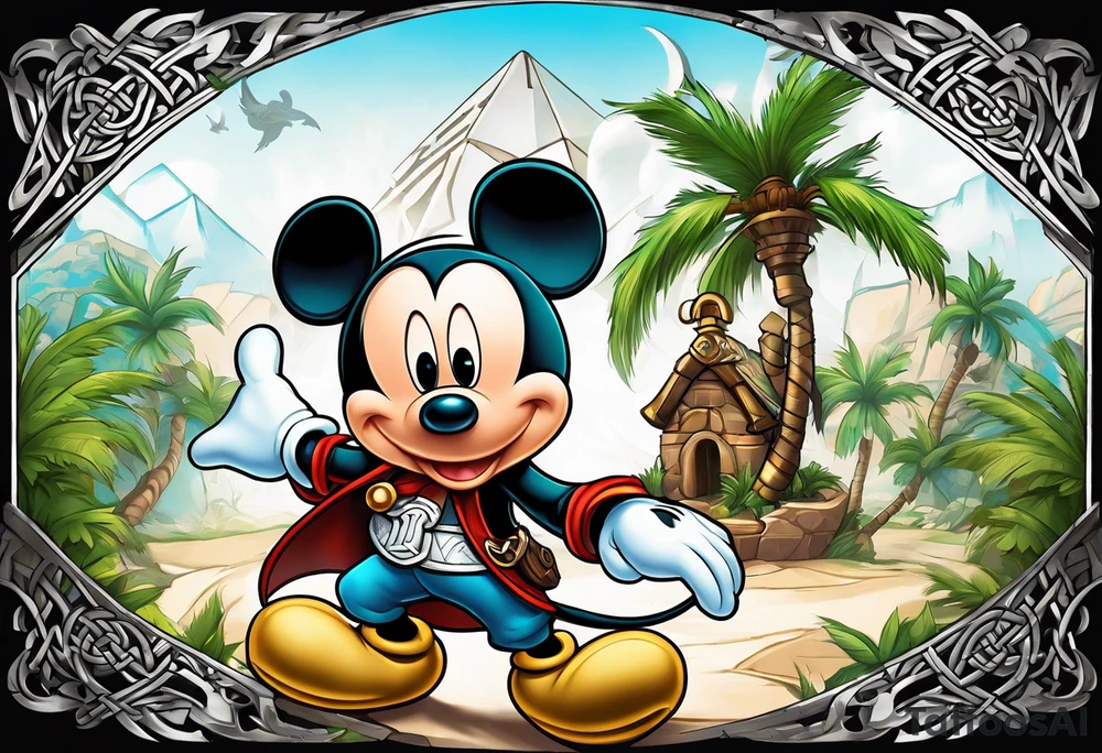 mickey mouse as assassins creed character with palm trees and celtic symbol for family tattoo idea