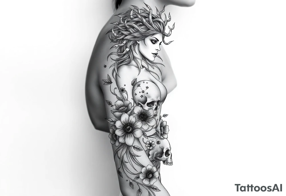 Ethereal Medusa standing. She is beautiful and feminine. She is a phoenix rising from fire and ash. Surrounded by flowers and skulls tattoo idea