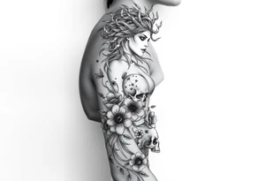 Ethereal Medusa standing. She is beautiful and feminine. She is a phoenix rising from fire and ash. Surrounded by flowers and skulls tattoo idea