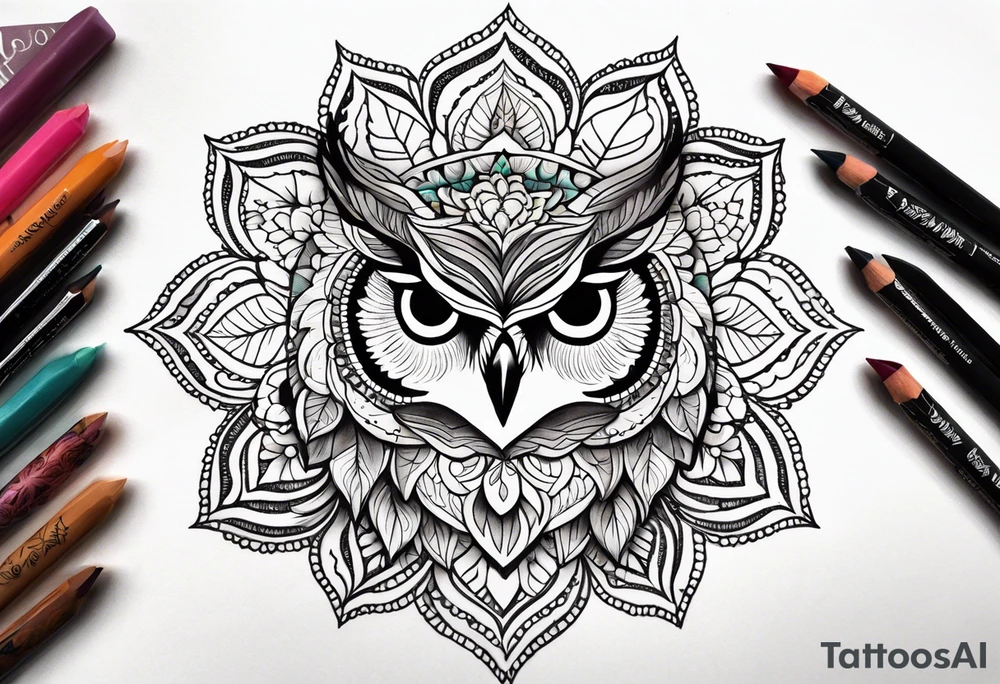 colorful mandala, boho, feminine, for upper back, leaves, owl, flowers tattoo idea