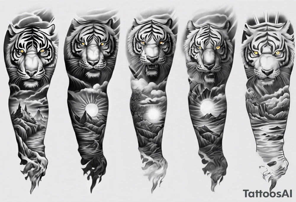Tiger Warrior sleeve tattoo with lightning and the sun
Forearm sleeve tattoo idea