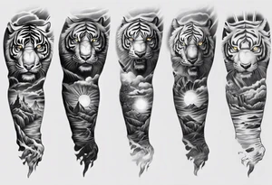 Tiger Warrior sleeve tattoo with lightning and the sun
Forearm sleeve tattoo idea