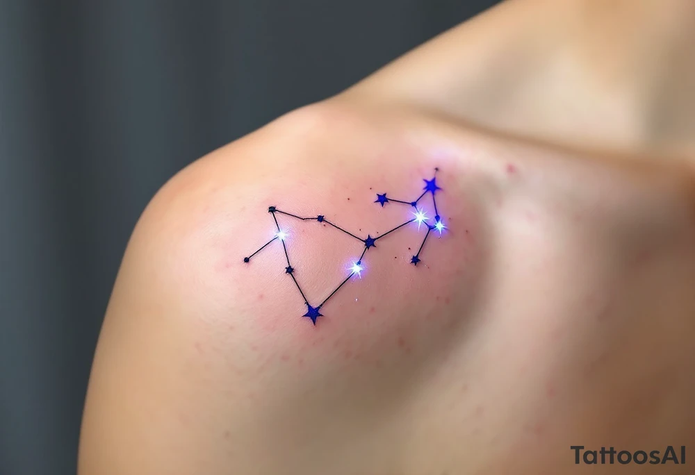 A minimalist Sagittarius constellation tattoo, with thin, fine lines connecting the bright stars. The stars are dotted with a subtle blue glow. The tattoo can have a faint purple watercolor wash around the lines to give it a celestial vibe, with the stars representing the Sagittarian quest for wisdom and truth. tattoo idea