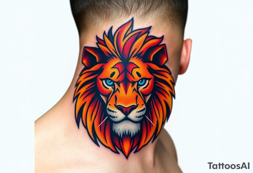 lion with blue eyes and orange hair into basketball tattoo idea