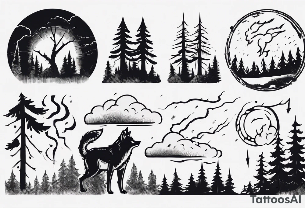 a thunder and lightning storm over a forest with a distant wolf howling and a drums tattoo idea