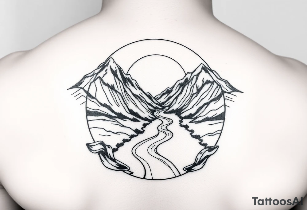 mountais. rive and sunrise, devide it in one circule tattoo idea