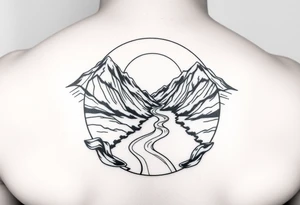 mountais. rive and sunrise, devide it in one circule tattoo idea