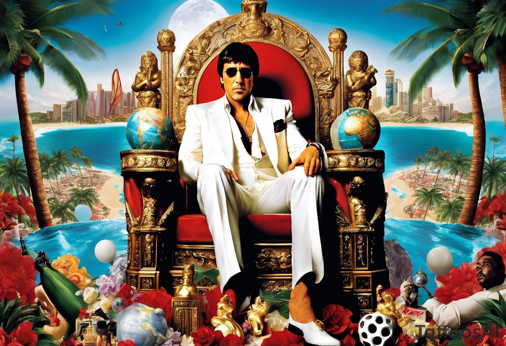 Tony Montana sitting on his throne with his infamous "The World is Yours” globe in hand, surrounded by elements that represent key scenes or motifs from the movie? For example, you could include symbols like piles of cocaine, palm trees, guns, and perhaps even the iconic "Say hello to my little friend" scene in the background. This would create a dynamic and visually captivating tattoo that pays homage to Scarface in a unique and personalized way. tattoo idea
