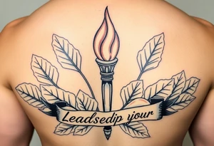 Leadership torch in front of a bed of fig leaves with black banner script wrapping in front. tattoo idea