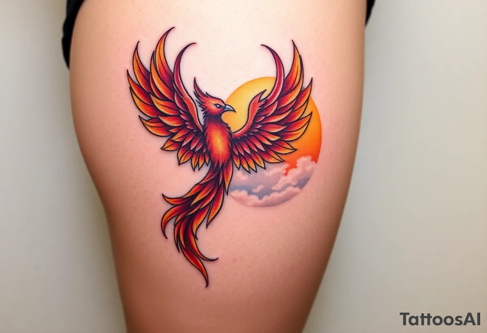 magnificent vibrant phoenix rising from flames with trailing embers  and golden sunset and sky with puffy clouds and heaven backdrop tattoo idea