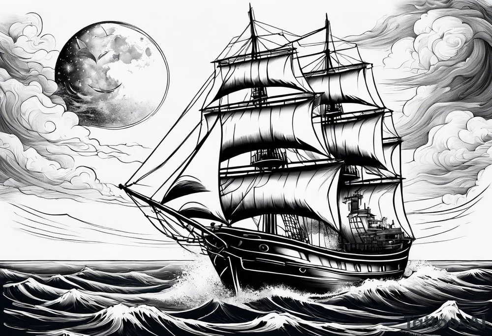 bateau, phare maritime et lune bleu tattoo idea