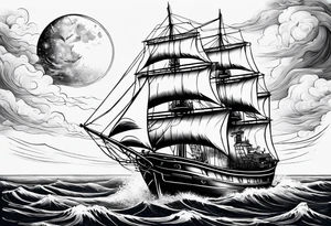 bateau, phare maritime et lune bleu tattoo idea