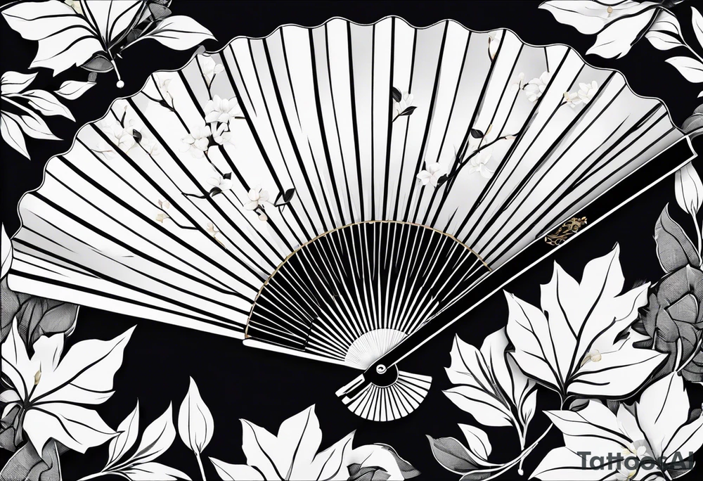 Japanese fan mostly black with basic leaves around it tattoo idea