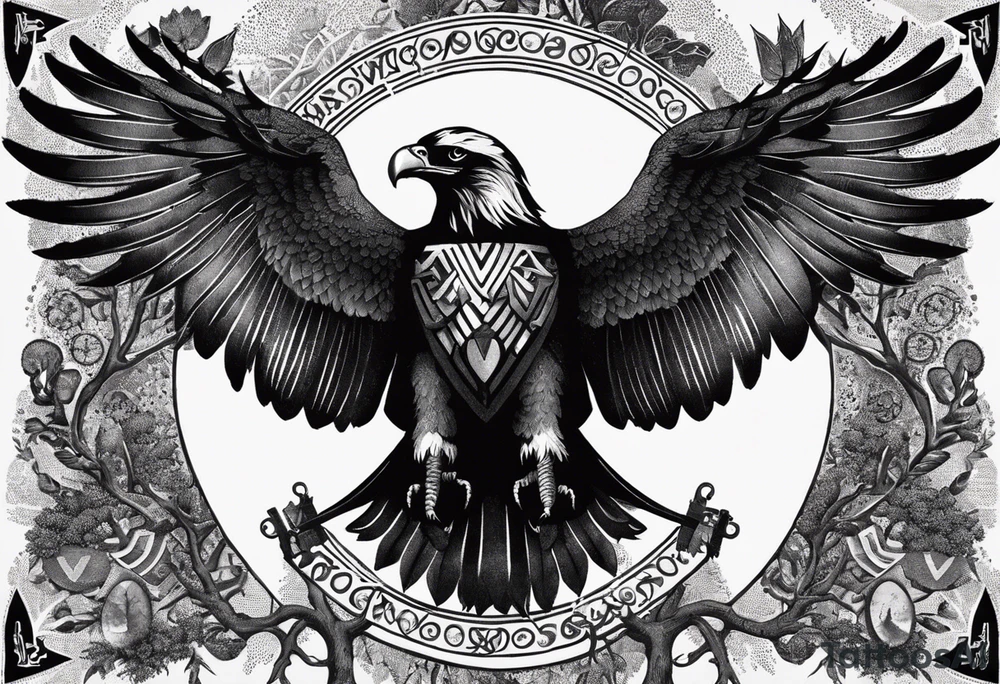 Polish eagle surrounded by viking runes sitting on the tree of life, scattered random geometric shapes and ancient artifacts, include Bruce Springsteens simply the best song it will be a long sleeve tattoo tattoo idea