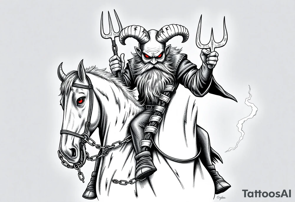 An insanely weird wild crazy man with the biggest eyes I’ve ever seen with a long beard and bald head and goat goats horns riding on the back of a Clydesdale horse holding the devils trident in 1 hand and the other hand holding a chain that’s around the horses neck hanging on as if his life dependent on it the horse having bright red eyes smoke coming out of the nose tattoo idea