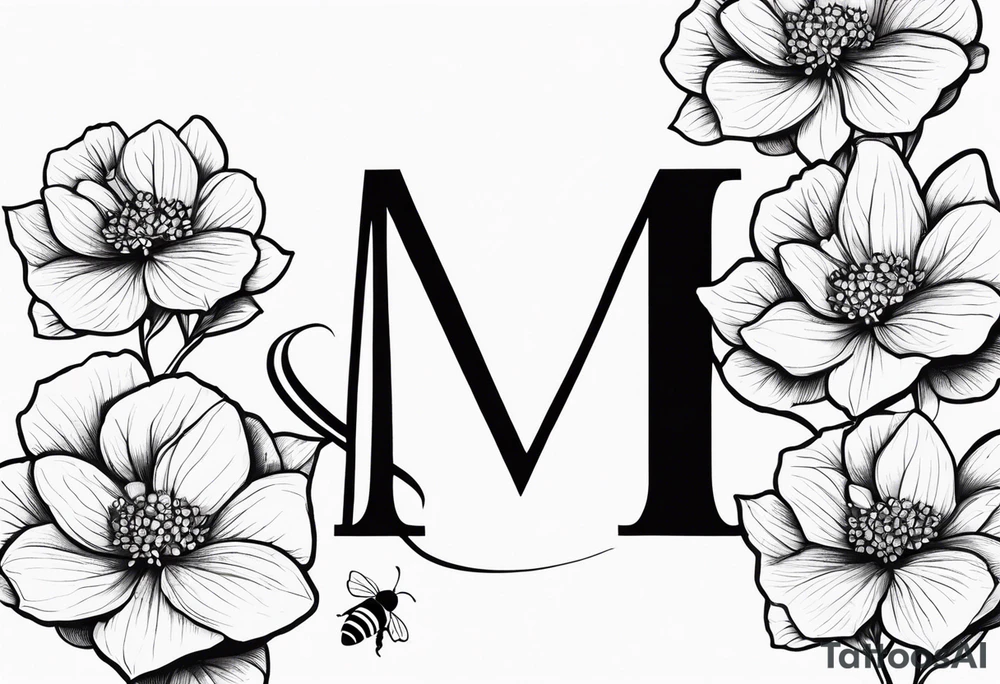 Hydrangea flower with a small bee, flying near it and the letter M by the bee tattoo idea