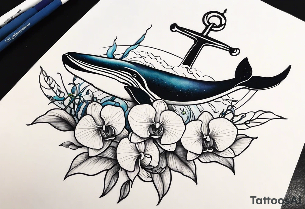An anchor and orchids and a humpback whale tattoo idea