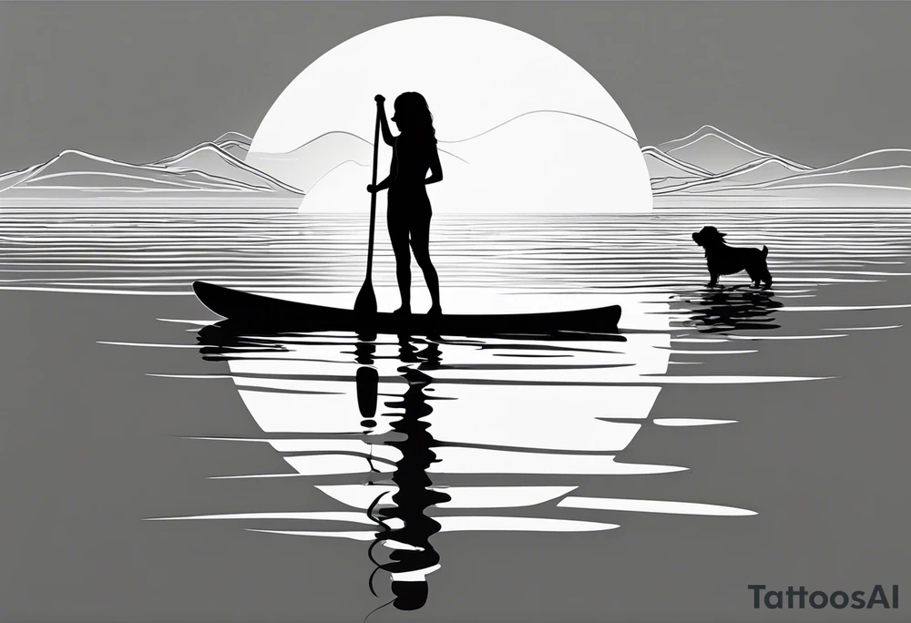 Silhouette of girl and little yorkie standing paddle boarding. Minimalist. Circle sun water one line tattoo idea