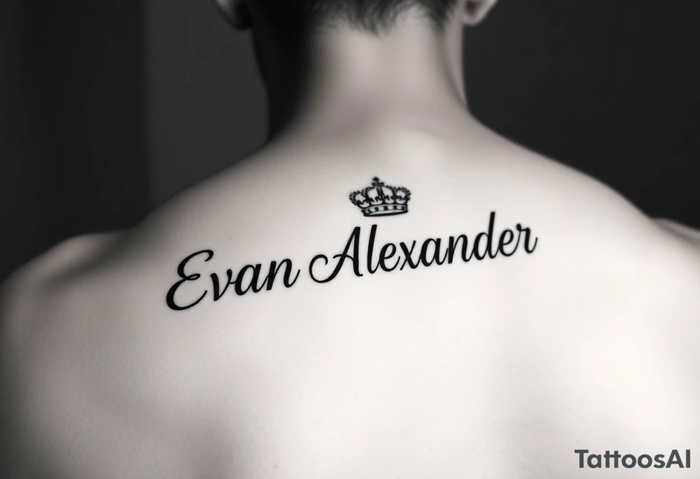 Name tattoo that says Evan Alexander with a crown on forearm tattoo idea