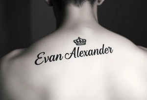 Name tattoo that says Evan Alexander with a crown on forearm tattoo idea