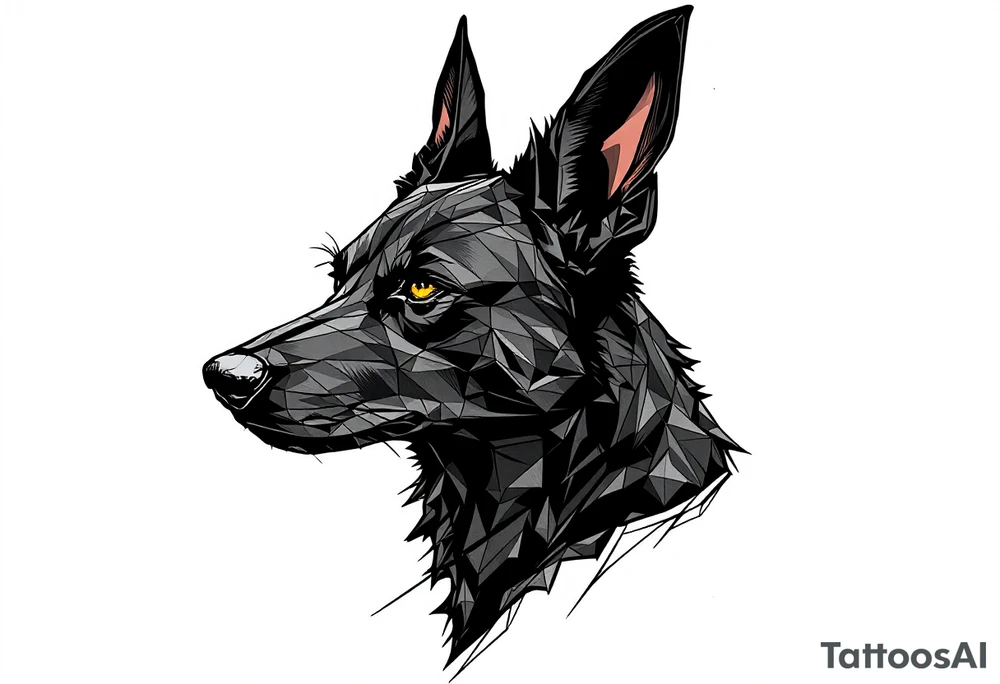 a creature that looks strongly like a combination of Anubis, a black Labrador and a black German Shepard, with the tall pointy ears of a jackal, looking back, serious and daring tattoo idea