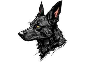 a creature that looks strongly like a combination of Anubis, a black Labrador and a black German Shepard, with the tall pointy ears of a jackal, looking back, serious and daring tattoo idea