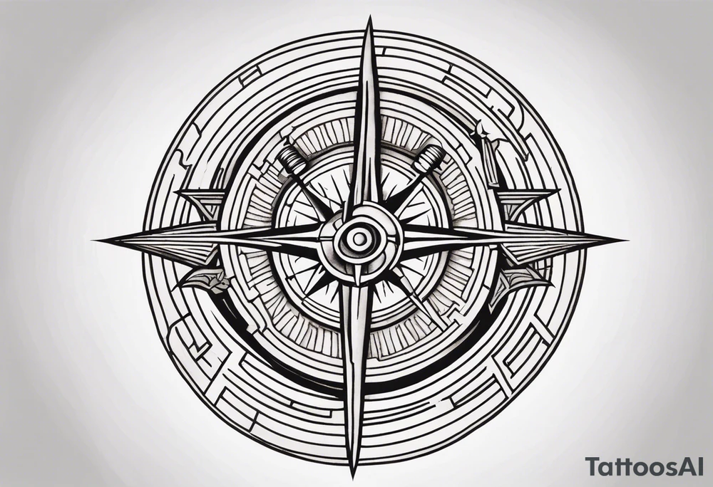 Two swords going through a compass and a labyrinth within it tattoo idea