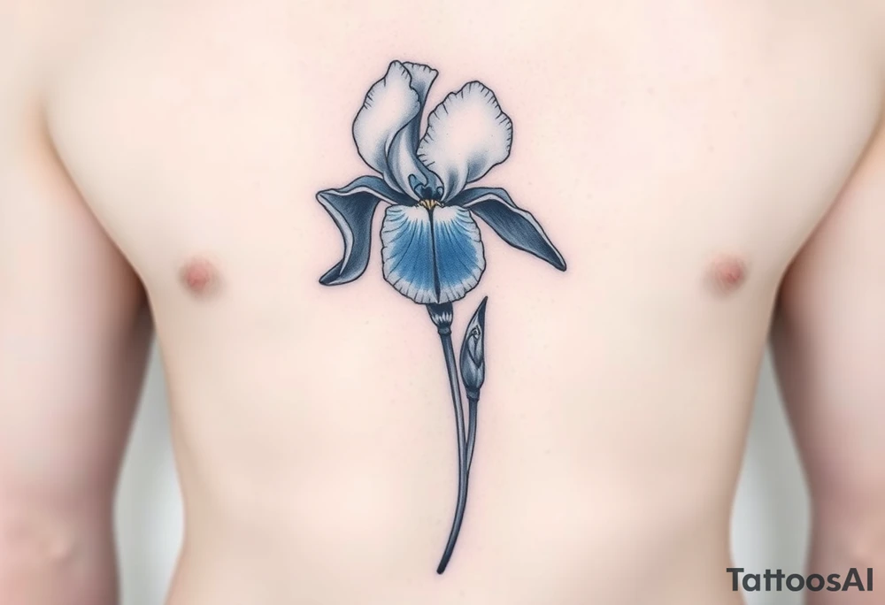 Single blue iris flower in the style of Van Gogh. One petal falling and one upright. Tattoo is to be on abdomen. tattoo idea