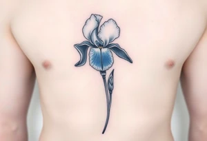 Single blue iris flower in the style of Van Gogh. One petal falling and one upright. Tattoo is to be on abdomen. tattoo idea