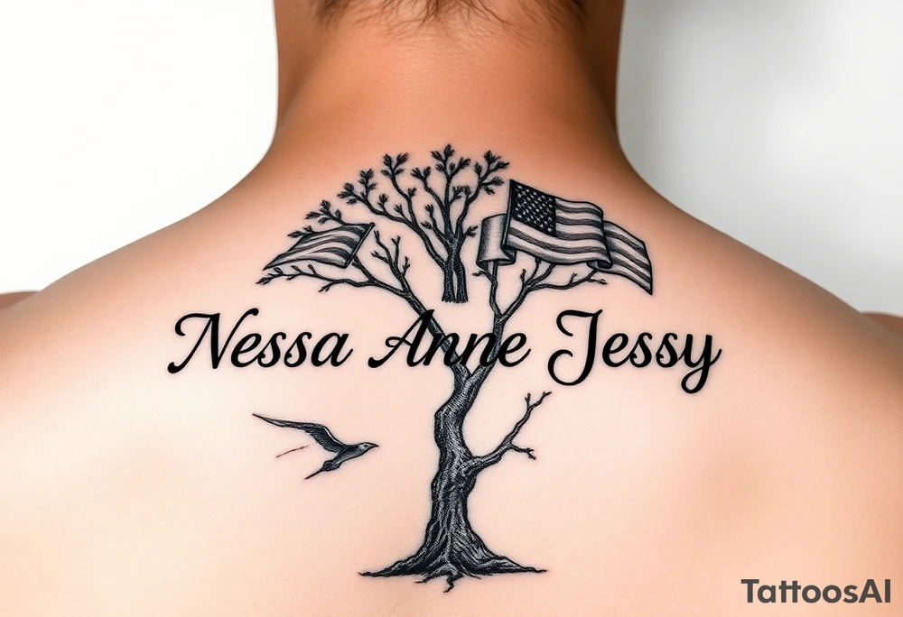 the name Nessa, Anne, Jessy as flags on a live tree tattoo idea