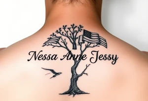 the name Nessa, Anne, Jessy as flags on a live tree tattoo idea