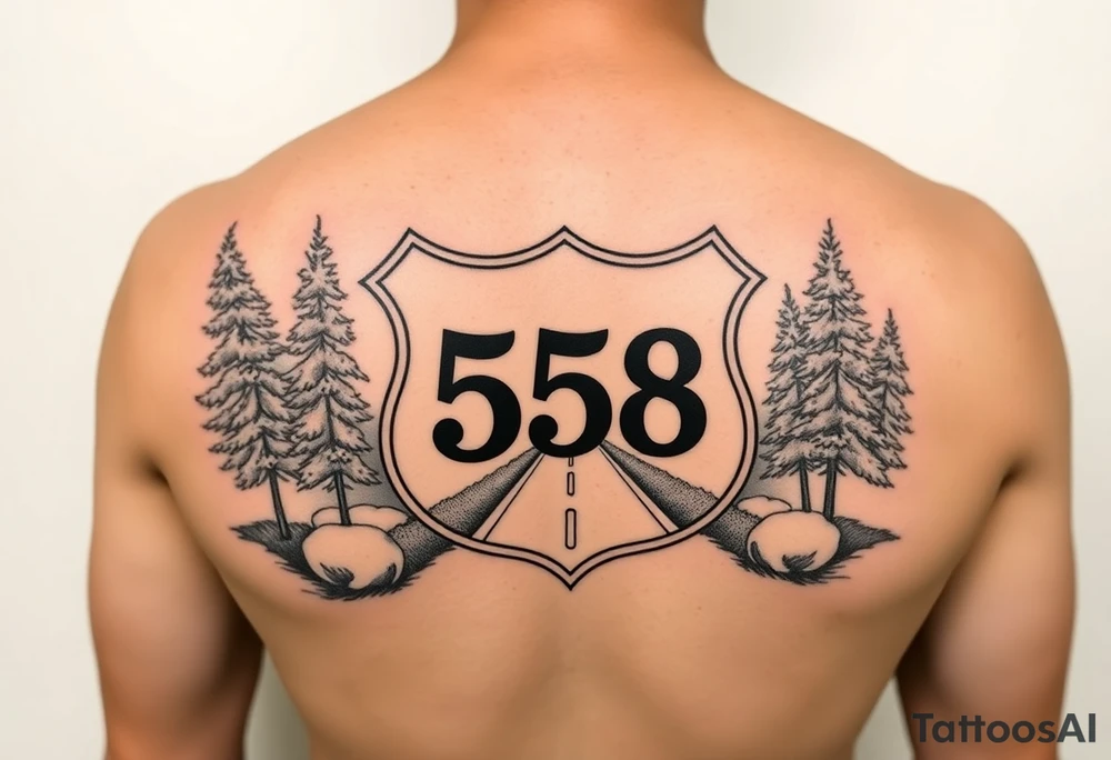 Arm sleeve State Route sign 558, with trees all around and farm in background, road w/ view tattoo idea
