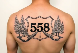 Arm sleeve State Route sign 558, with trees all around and farm in background, road w/ view tattoo idea