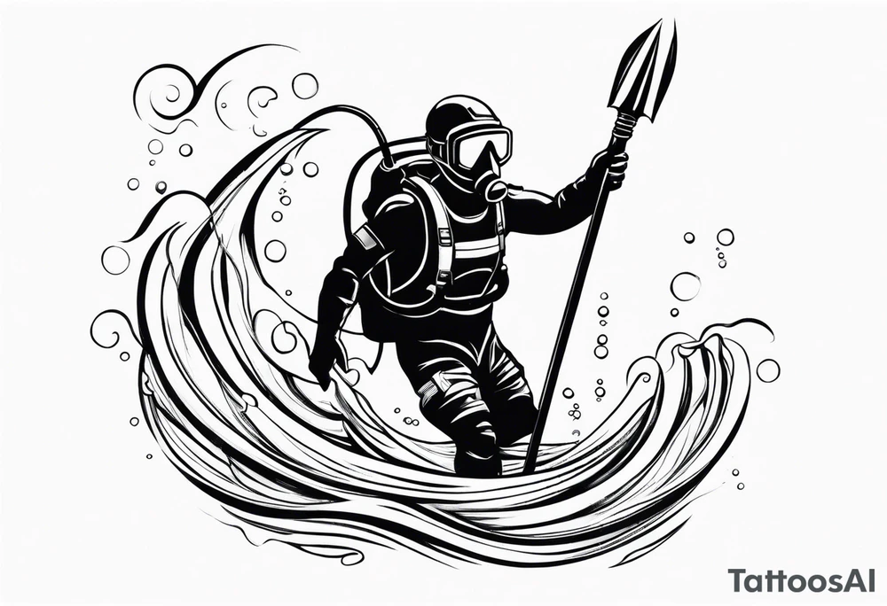 Scuba diver underwater holding a trident of Poseidon tattoo idea