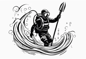 Scuba diver underwater holding a trident of Poseidon tattoo idea