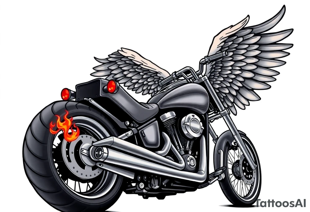 Low rider grey motorcycle, big muffler pipes with flames, angel wings, driving away, no person tattoo idea