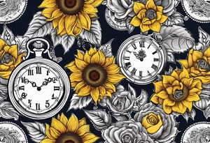 Sunflower, roses, paisley, witch, 3 pocket watches, celestial, tattoo idea