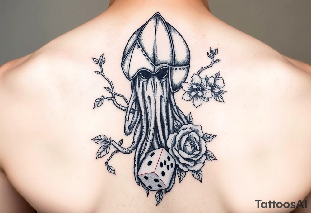 squid knight helmet combined with tree roots, cherry blossoms and roses rolling dice tattoo idea