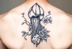 squid knight helmet combined with tree roots, cherry blossoms and roses rolling dice tattoo idea