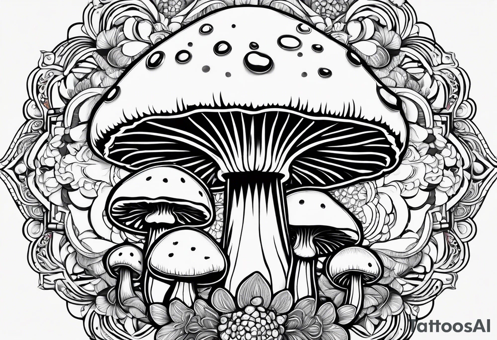 Large Shaggy cap mushroom dripping ink off cap with 4 smaller mushrooms around it mandala henna black tattoo design tattoo idea