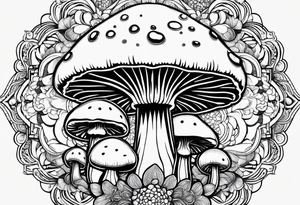 Large Shaggy cap mushroom dripping ink off cap with 4 smaller mushrooms around it mandala henna black tattoo design tattoo idea