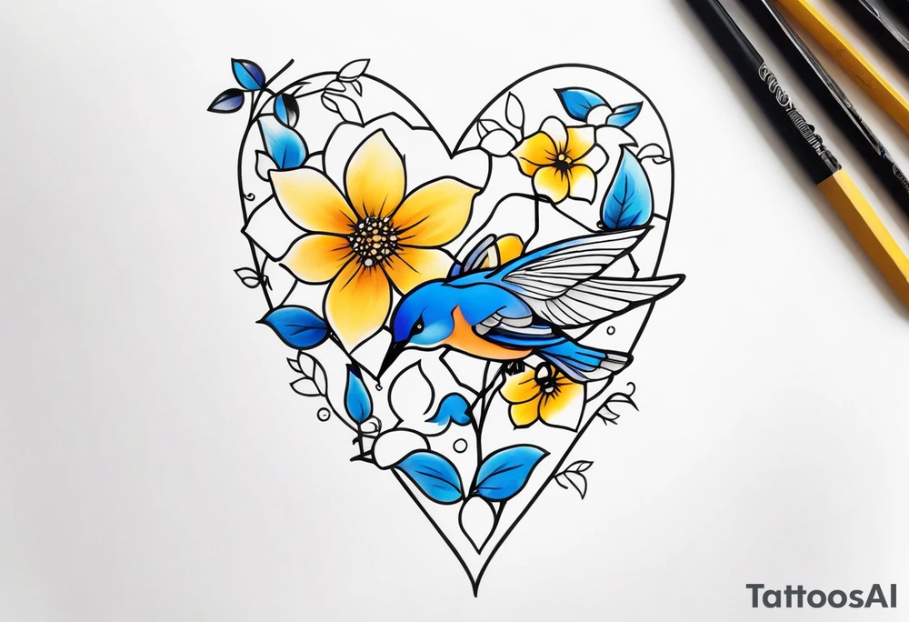 Spine, flowers bluebird bees heart shapes tattoo idea