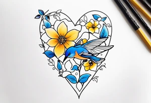 Spine, flowers bluebird bees heart shapes tattoo idea