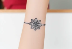 A delicate lace armband going fully around hand in a mandala style, incorporating intricate, circular details tattoo idea