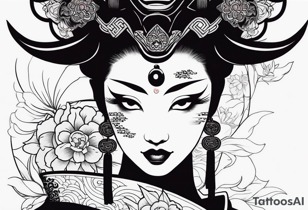 geisha wearing oni mask tattoo idea