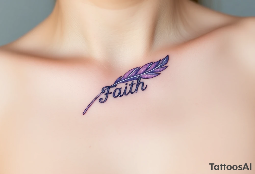 A lavender and silver feather with a subtle shimmer, carrying the word "Faith" tattoo idea