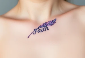 A lavender and silver feather with a subtle shimmer, carrying the word "Faith" tattoo idea