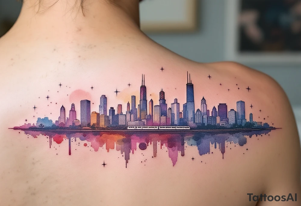 A Chicago skyline tattoo with the L train tattoo idea