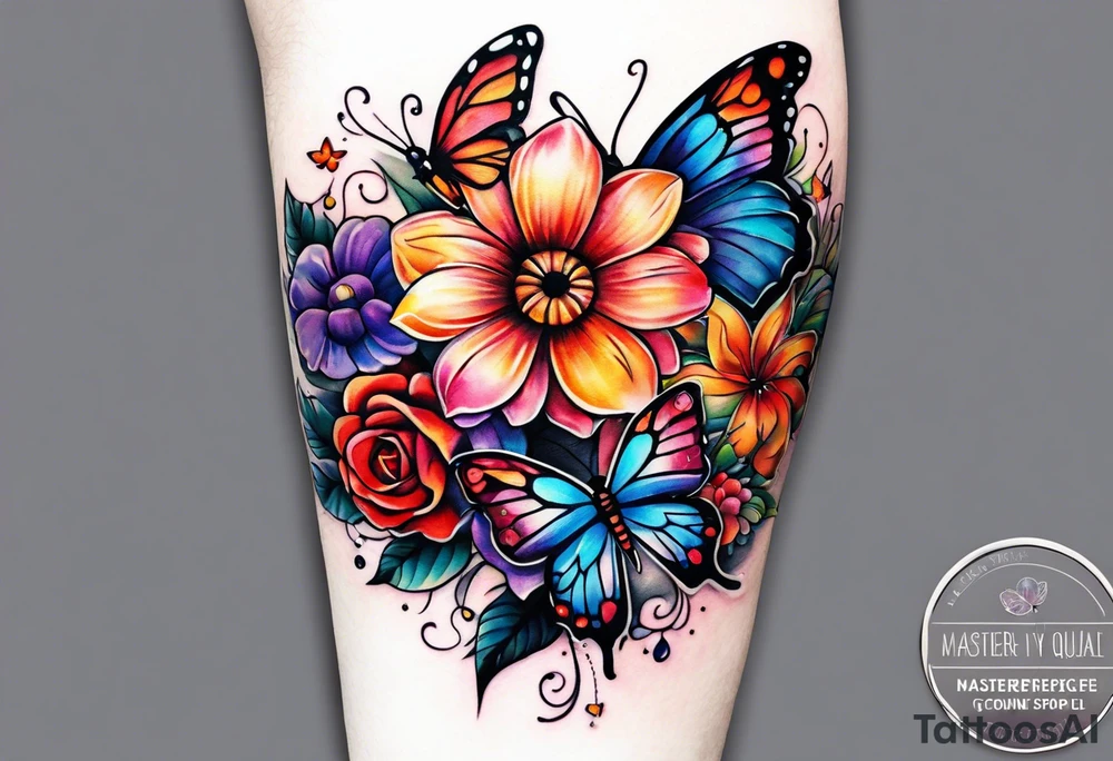 Arm sleeve with rainbow flowers and butterflies tattoo idea